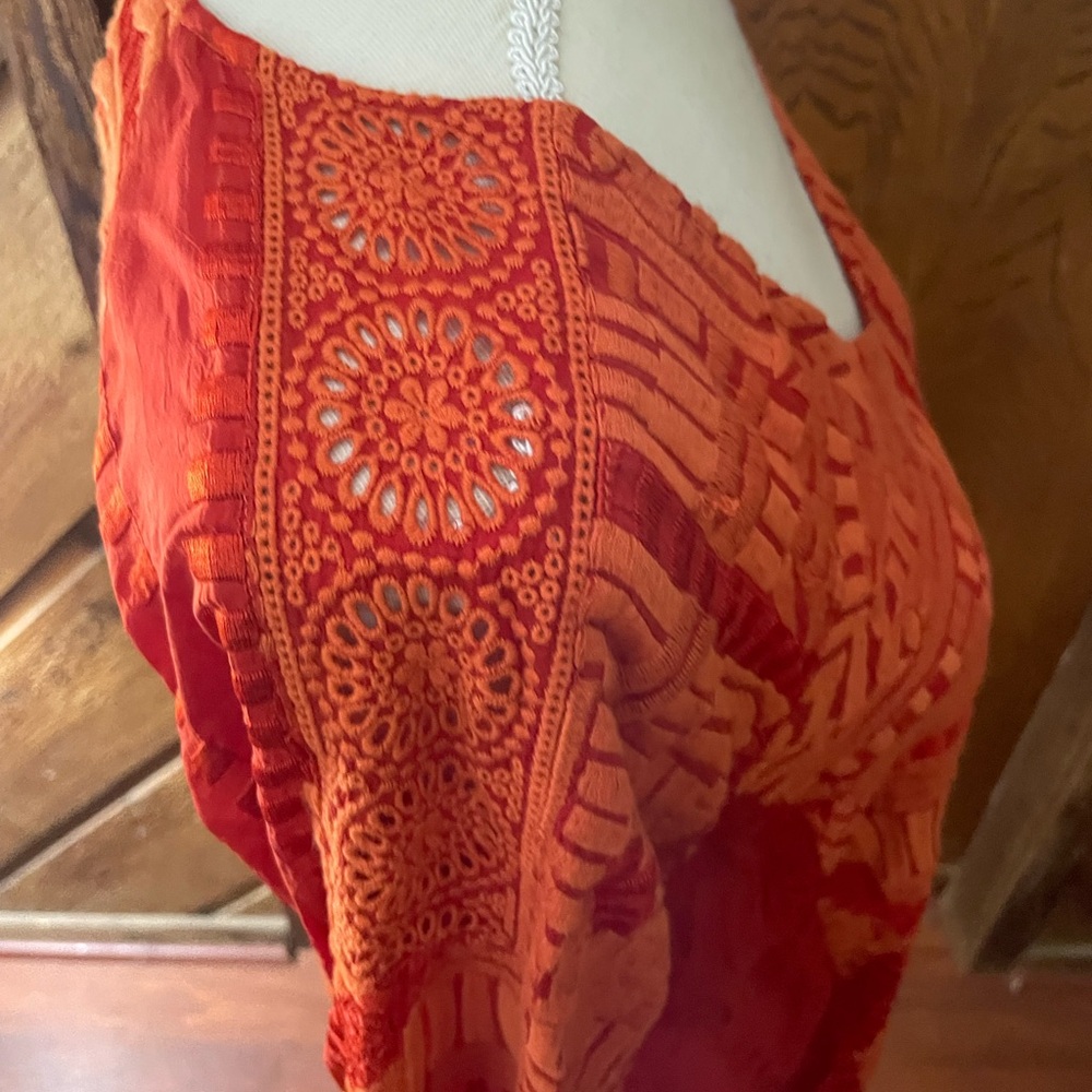 Johnny Was Orange Embroidery peasant blouse sz XS Vneck long sleeve eyelet lace - Picture 9 of 16